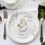 Hatching soon little bird spring baby shower paper plate<br><div class="desc">Hatching soon little bird inside egg spring baby shower personalised tableware  template paper plates. Gender neutral muted Scandinavian colours,  nice for the spring time functions.</div>