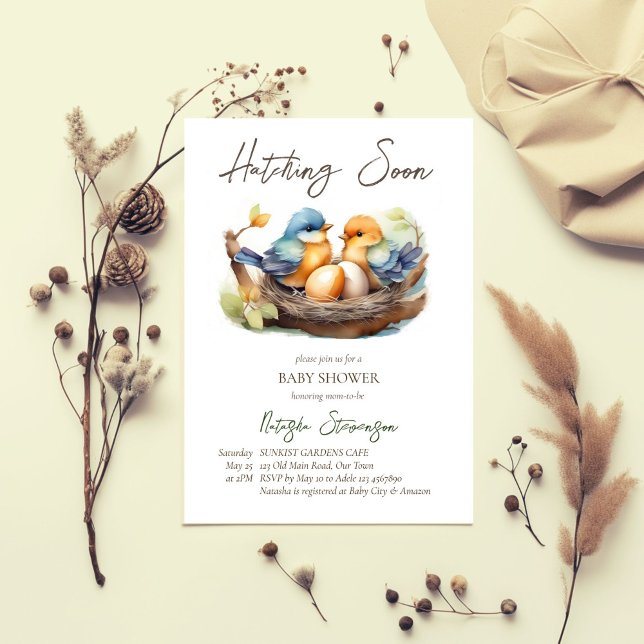 Hatching soon little birds nest spring baby shower invitation (Hatching soon cute little birds in nest spring baby shower template  invitation digital download )