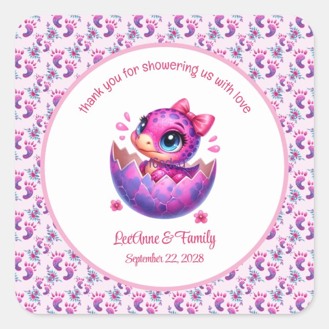 "Hatching Soon" Pink Dinosaur Baby Shower Square Sticker (Front)