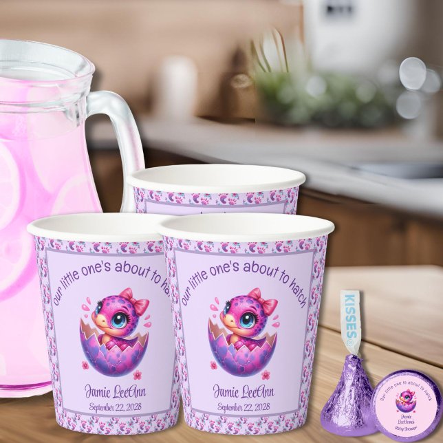 "Hatching Soon" Purple Dinosaur Baby Shower Paper Cups ("Hatching Soon" Purple Baby Shower Cups for Party)