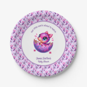 "Hatching Soon" Purple Dinosaur Baby Shower Paper Plate