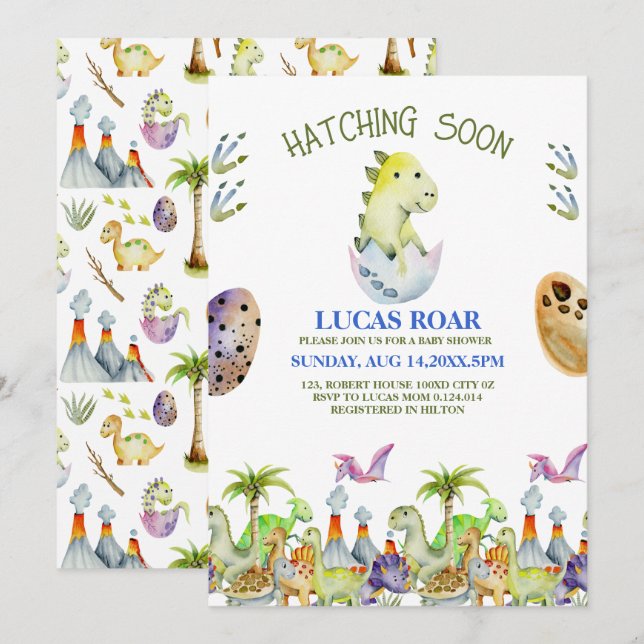 Hatching Soon roar baby shower invitation (Front/Back)