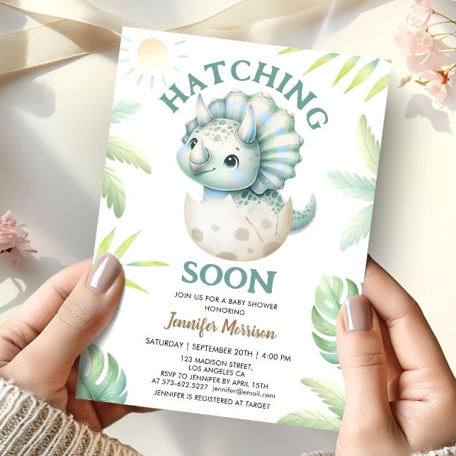 Hatching Soon Triceratops Boy Dinosaur Baby Shower Invitation (Creator Uploaded)