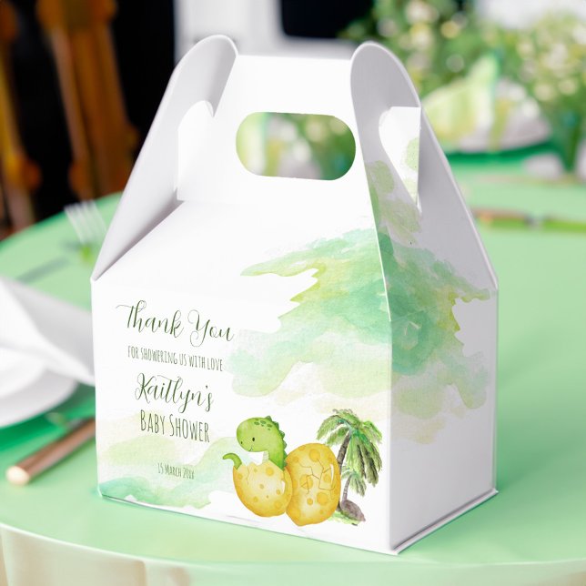 Hatching soon watercolor green baby dinosaur favour box (Hatching soon baby shower favor box watercolor green cute baby dinosaur in an egg favor box)