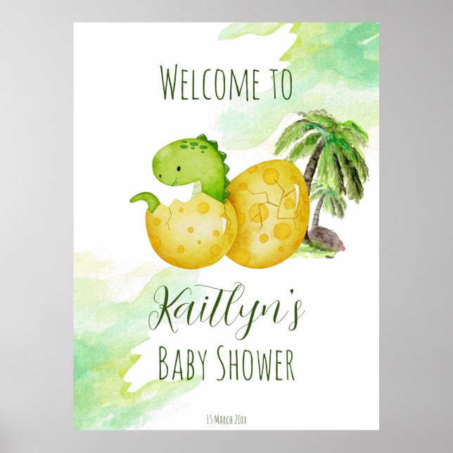 Hatching soon watercolor green baby dinosaur  poster (Front)
