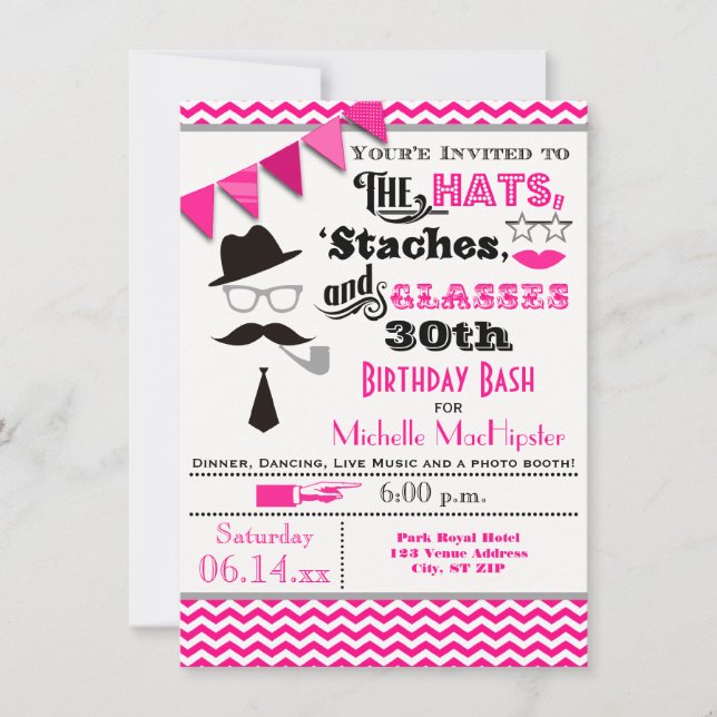 Hats, Moustaches, and Glasses 30th Birthday Invite (Front)