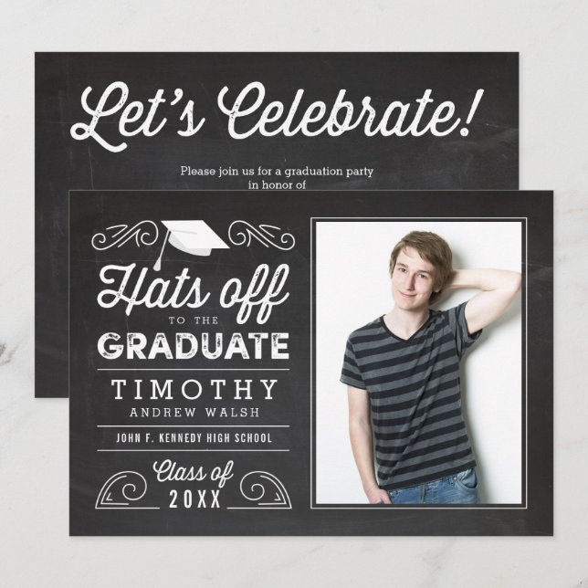 Hats Off Graduation Chalkboard Invitation (Front/Back)
