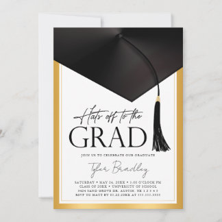 Hats Off To Grad Black& Gold Mens Graduation Photo Invitation