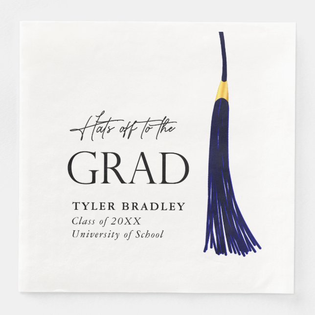 Hats Off To Grad Blue & Gold Tassel Graduation Napkin (Front)