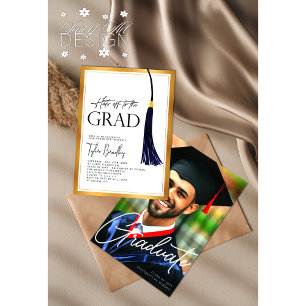Hats Off To Grad Blue Gold Tassel Graduation Photo Invitation