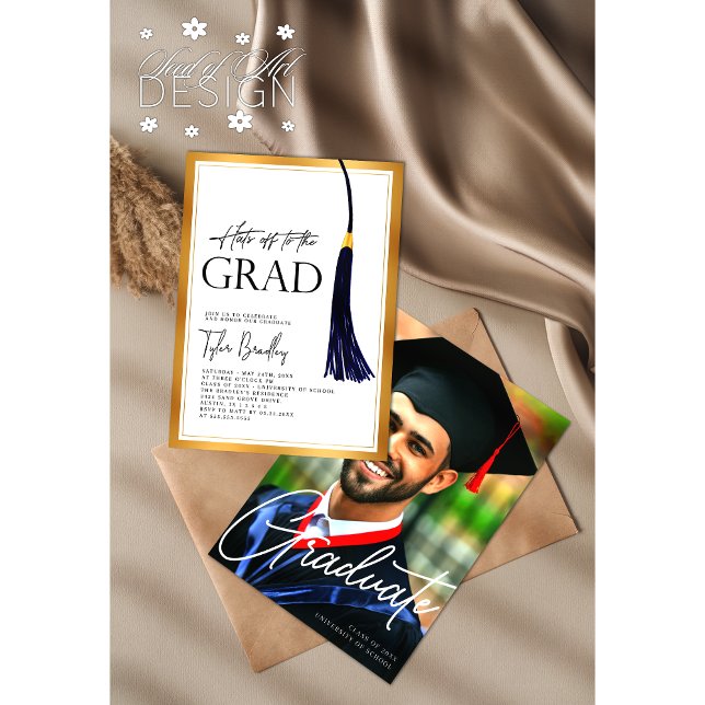 Hats Off To Grad Blue Gold Tassel Graduation Photo Invitation (Creator Uploaded)
