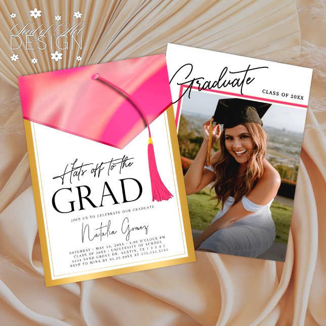 Hats Off To Grad Pink & Gold Graduation Photo Invitation (Creator Uploaded)