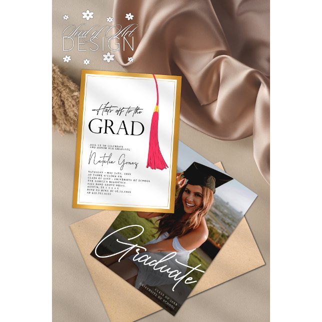Hats Off To Grad Pink Gold Tassel Graduation Photo Invitation (Creator Uploaded)