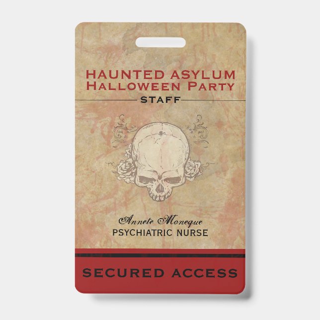 Haunted Asylum Halloween Party Staff 2 ID Badge (Front)