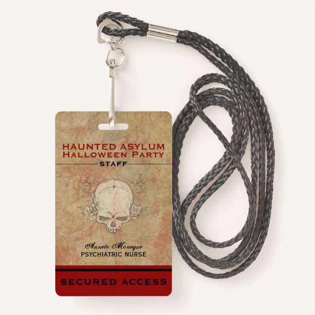 Haunted Asylum Halloween Party Staff 2 ID Badge (Front with Lanyard)