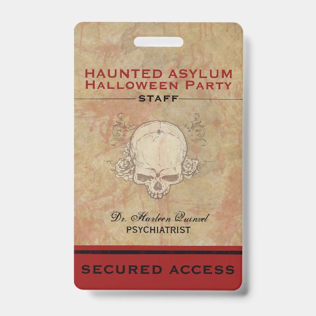 Haunted Asylum Halloween Party Staff ID Badge (Front)