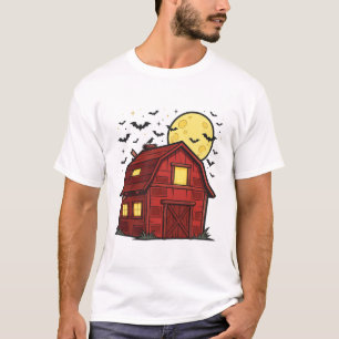 Haunted Barn Night Spooky Halloween Farm Art T-Shirt