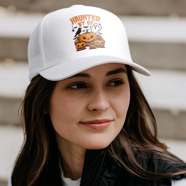 Haunted by 67 Funny Ghost And Pumpkin Halloween Trucker Hat (Creator Uploaded)