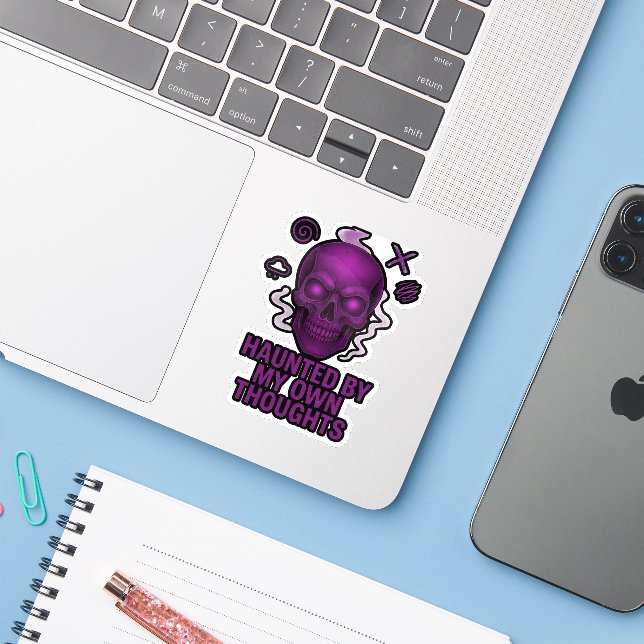 Haunted by My Own Thoughts – Glitch Skull Sticker (Laptop w/ iPhone)