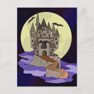 Haunted Castle, Bats and Full Moon Cartoon Postcard
