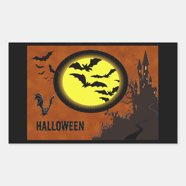 Haunted Castle, Bats and Yellow Moon Rectangular Sticker (Front)