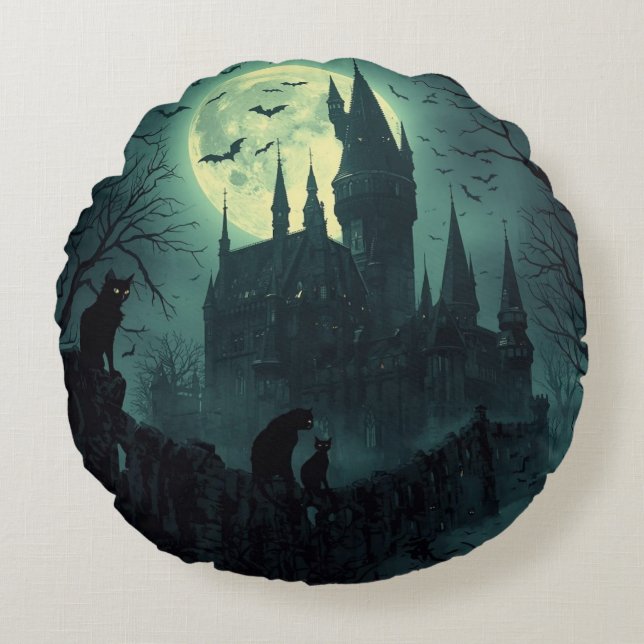 Haunted Castle Halloween Round Pillow (Front)
