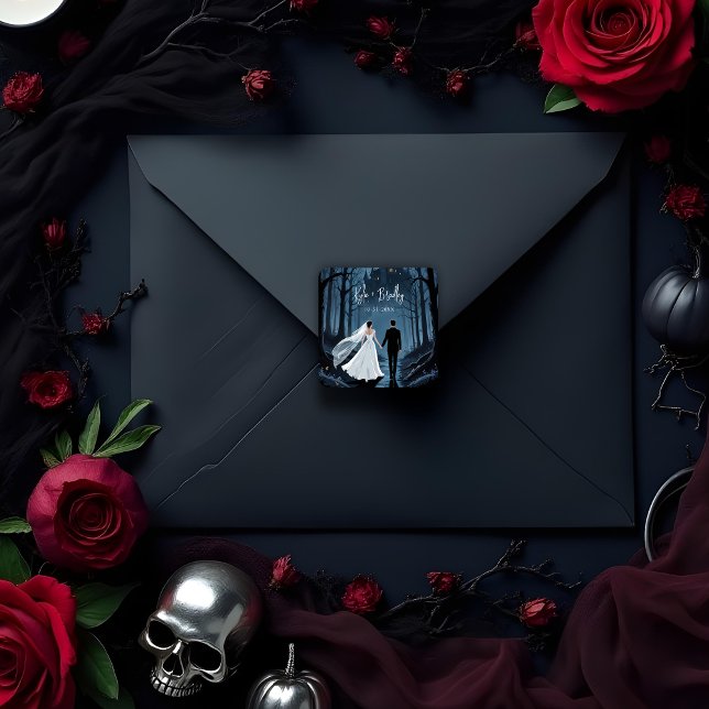 Haunted Castle Halloween Wedding or Engagement Square Sticker (Halloween Wedding or Engagement Stickers with Haunted Castle Design Halloween wedding or engagement )