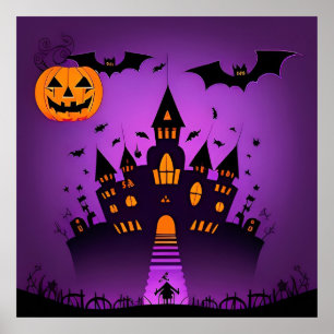Haunted Castle Pumpkins Bats Halloween Poster