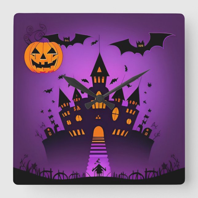 Haunted Castle With Pumpkins Bats Square Wall Clock (Front)