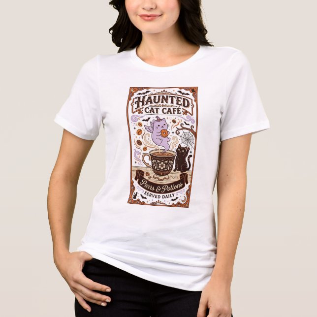 Haunted Cat Cafe Purrs Potions Spooky Halloween Tri-Blend Shirt (Front)