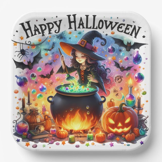 Haunted Colourful Happy Halloween Witch Paper Plat Plate (Front)