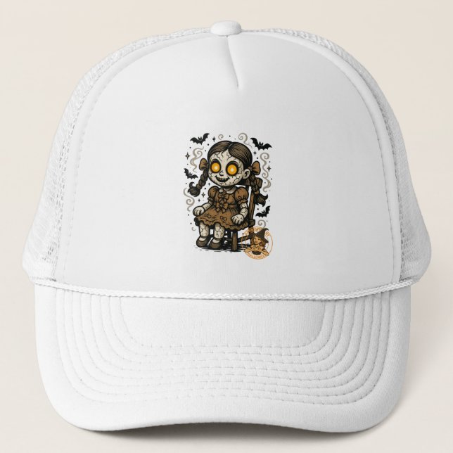 Haunted Doll – Halloween Cartoon Trucker Hat (Front)