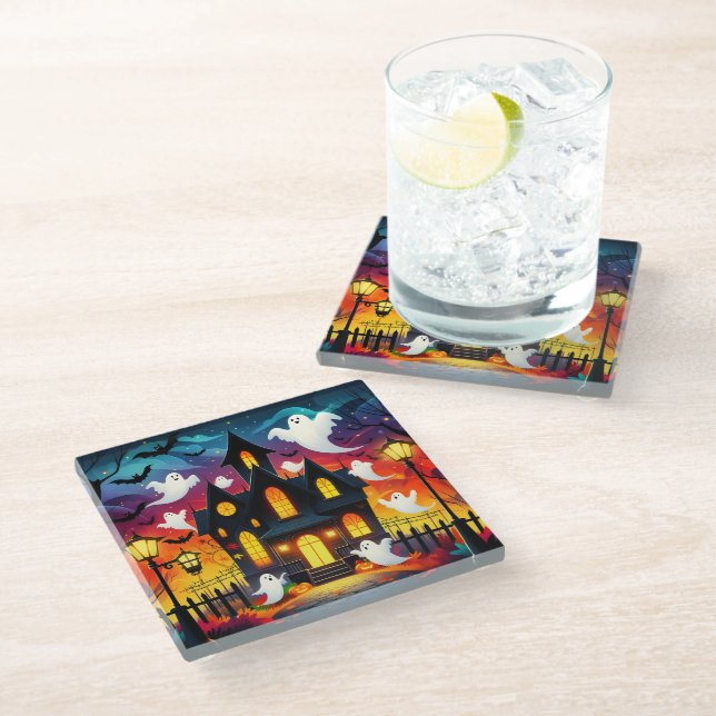 Haunted Fantomatic House - Halloween Scene Glass Coaster (Angled)