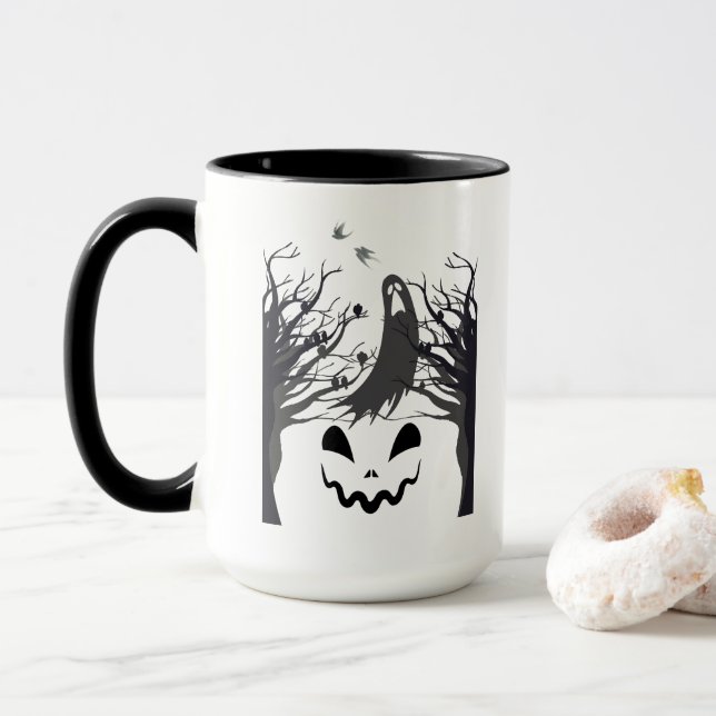 Haunted Forest Ghost Mug – Dark & Spooky Silhouett (With Donut)