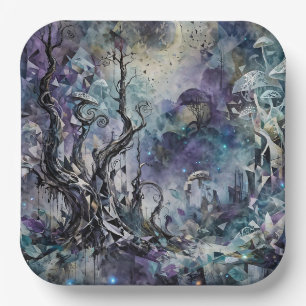 Haunted Forest Mystical Surreal Trees Mushrooms Paper Plate