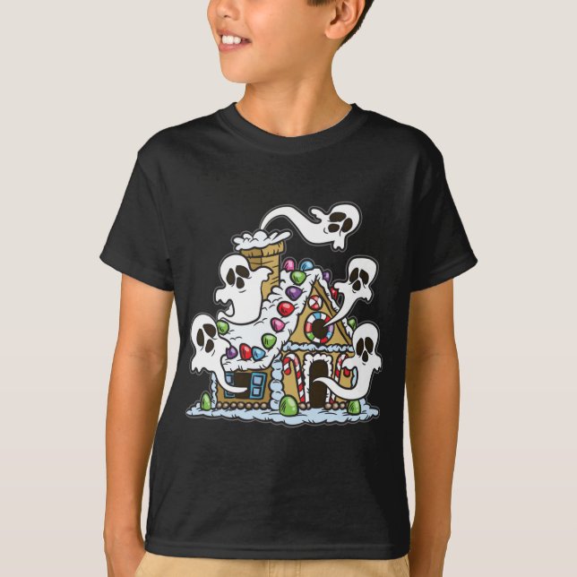 Haunted Gingerbread House Halloween Candy Ghosts T-Shirt (Front)