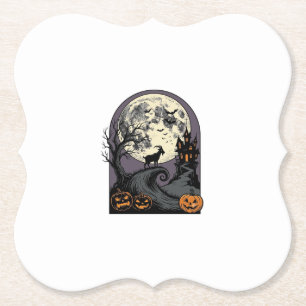 Haunted Goat Moon Vintage Halloween Silhouette Art Paper Coaster