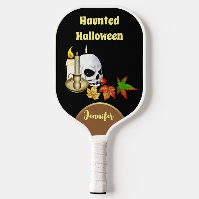 Haunted Halloween Candle Spooky Skull Maple Leaves Pickleball Paddle (Back)
