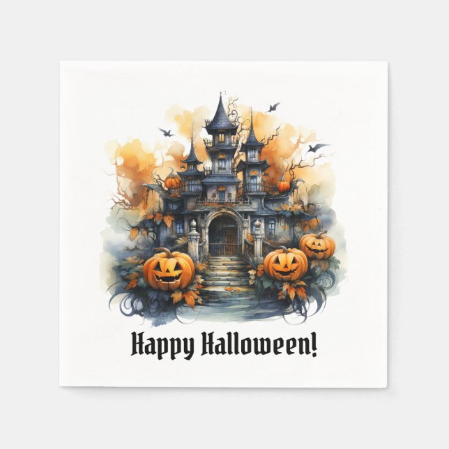 Haunted Halloween Castle Paper Party Napkin (Front)