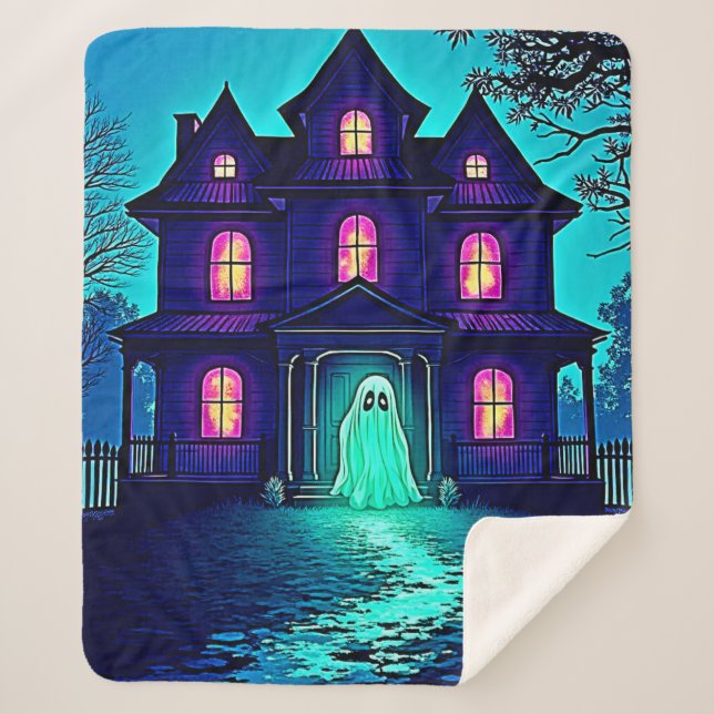 Haunted Halloween Ghost House Design Sherpa Blanket (Front)