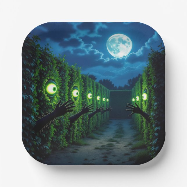 Haunted Halloween Hedge Horror Paper Plate (Front)