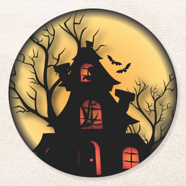 Haunted Halloween House Round Paper Coaster (Front)