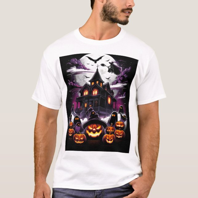 Haunted Halloween House T-Shirt – Witch, Ghosts (Front)