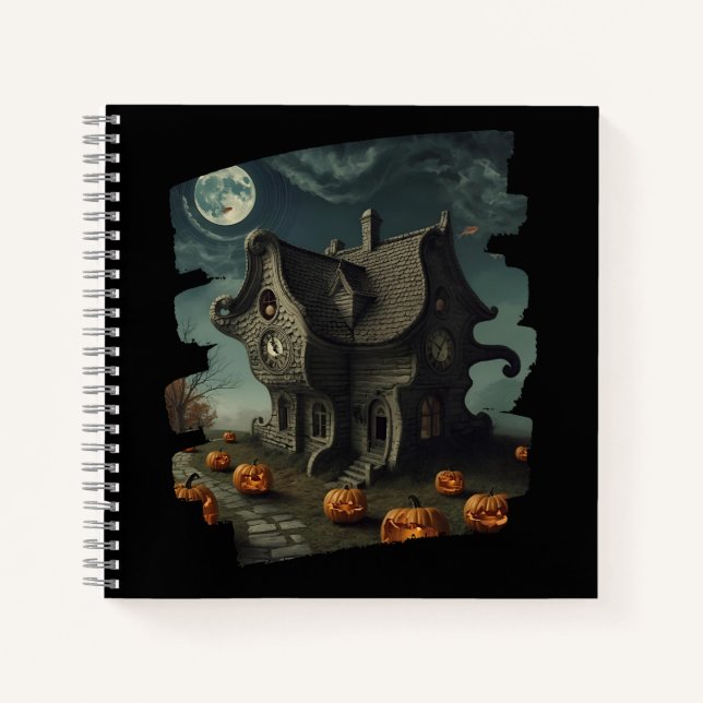 Haunted Halloween House with Pumpkins & Full Moon Notebook (Front)
