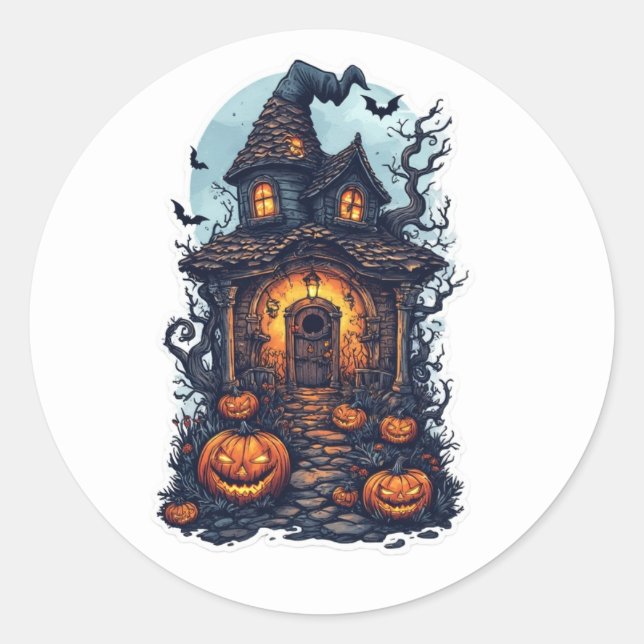 Haunted Halloween House with Pumpkins – Spooky Classic Round Sticker (Front)