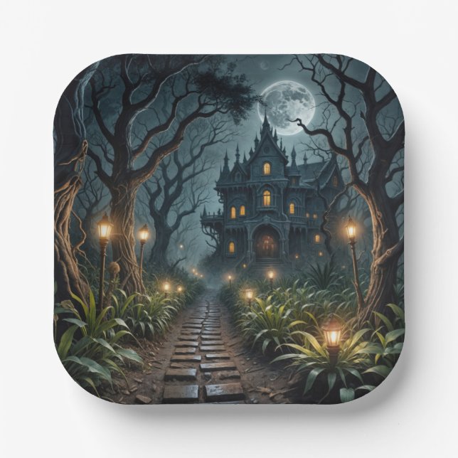Haunted Halloween Mansion In Moonlight Paper Plate (Front)