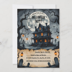Haunted Halloween Night, Full Moon, Scary Invitation