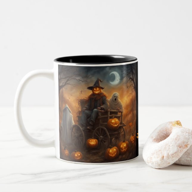 Haunted Hayride meets Headless scarecrow Two-Tone Coffee Mug (With Donut)