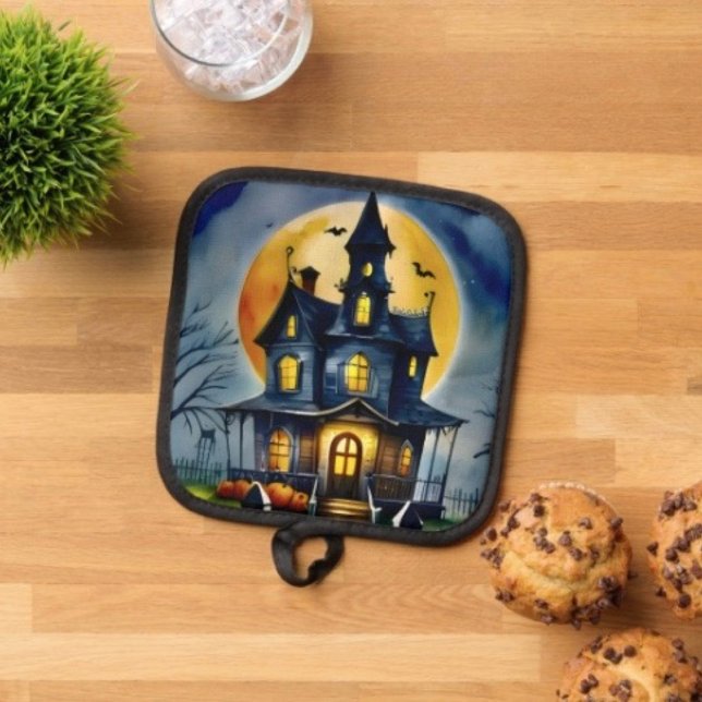 Haunted Hollow & Moon  Pot Holder (Pot Holder Full rubber protection cover no slip silicon hanging loop. )