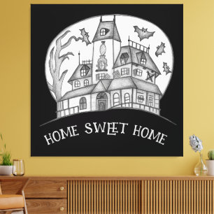 Haunted House and Bats Halloween  Canvas Print